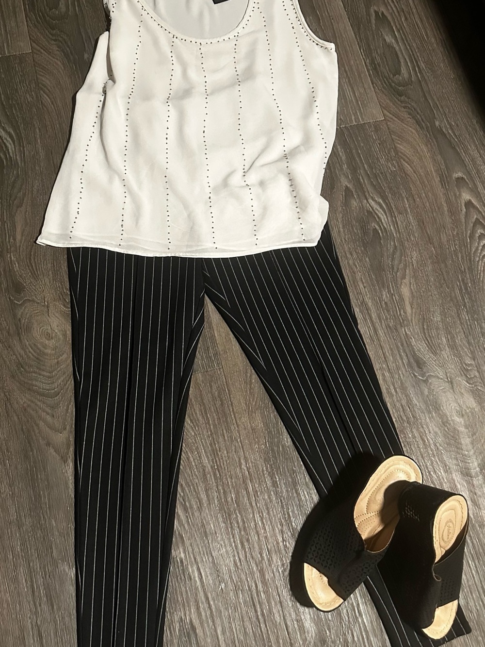 No Boundaries Black Pinstripe Stretch Pants with White Stripes